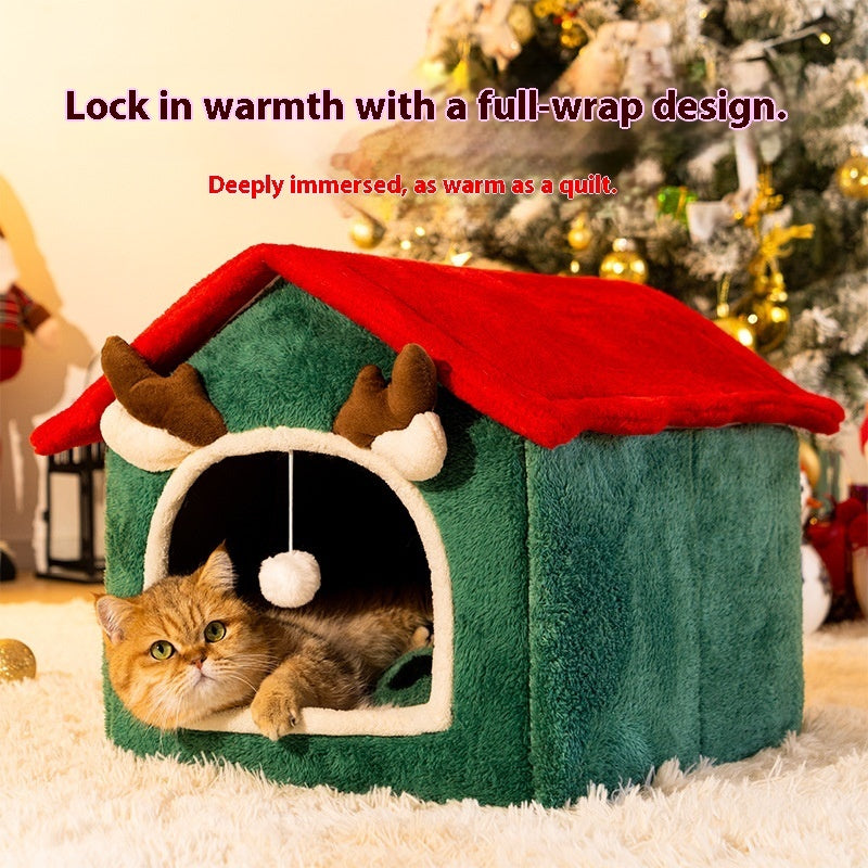 Christmas Reindeer Pet Nest – Winter Warm Enclosed Cat & Dog House - TailTiddy