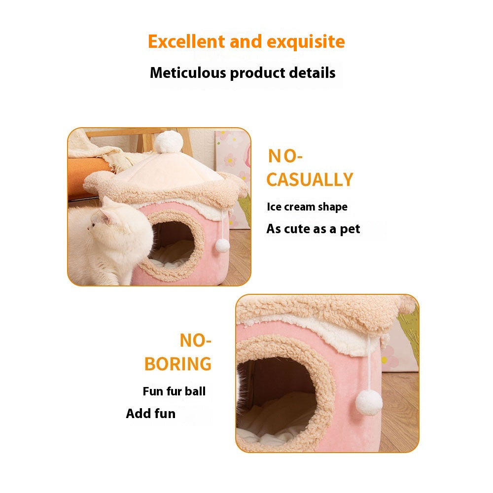 Ice Cream House Cat & Dog Bed – Soft Crystal Velvet Enclosed Pet Nest - TailTiddy