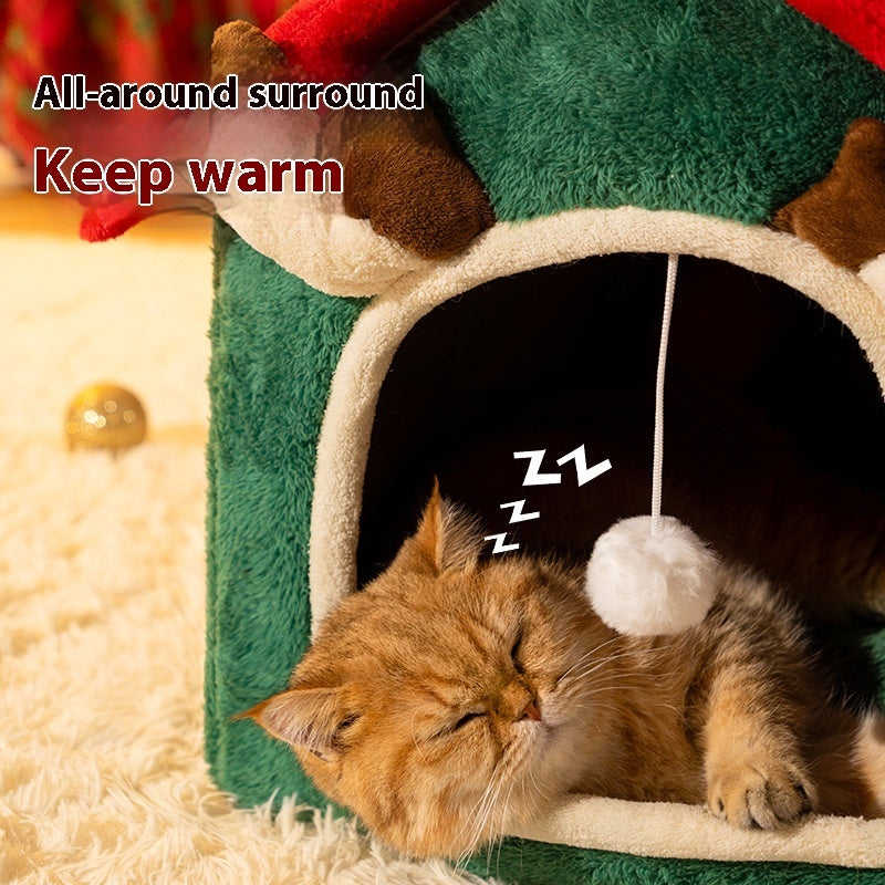 Christmas Reindeer Pet Nest – Winter Warm Enclosed Cat & Dog House - TailTiddy