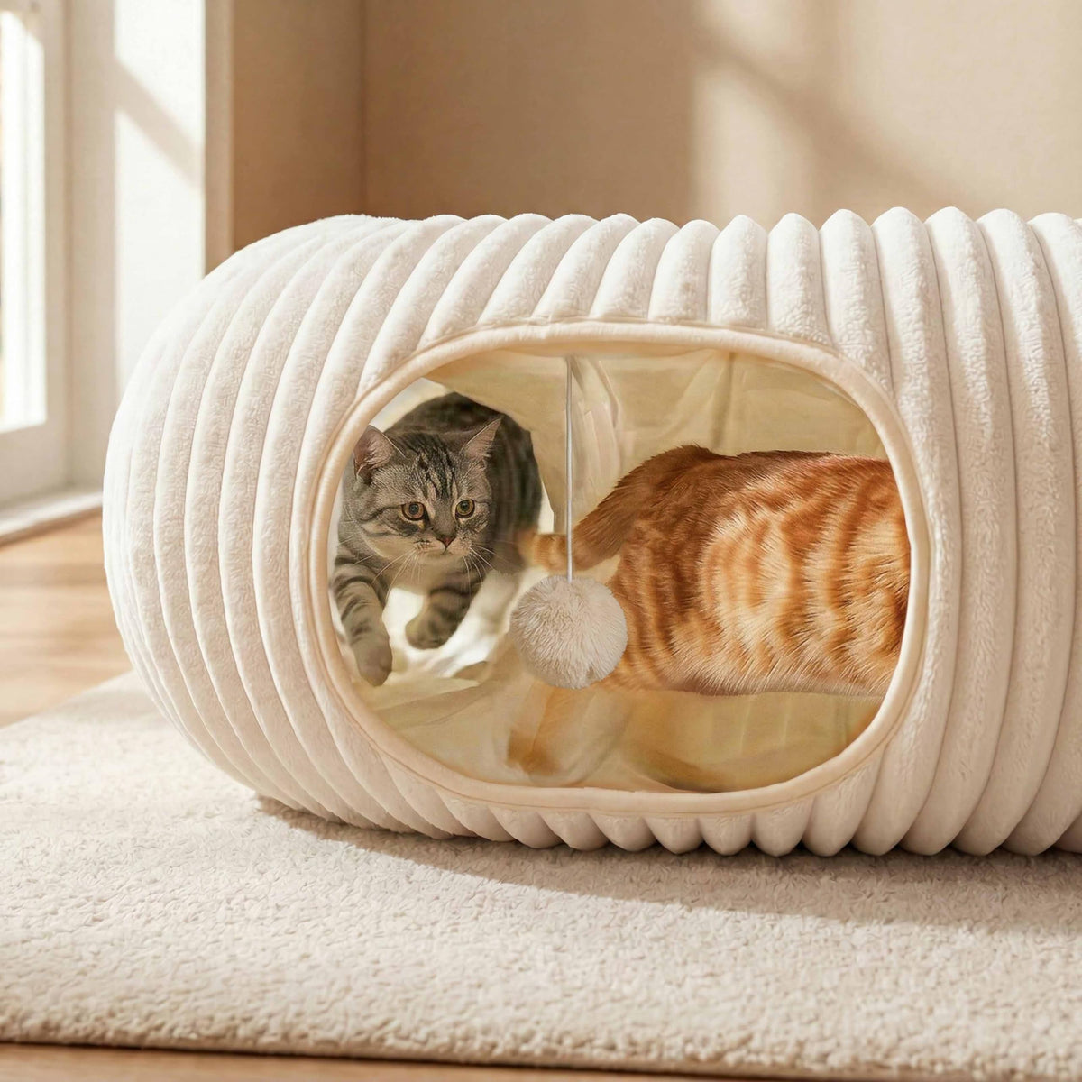 Cat Tunnel Bed with Interactive Toys – Collapsible Round Play Tunnel for Indoor Cats - TailTiddy