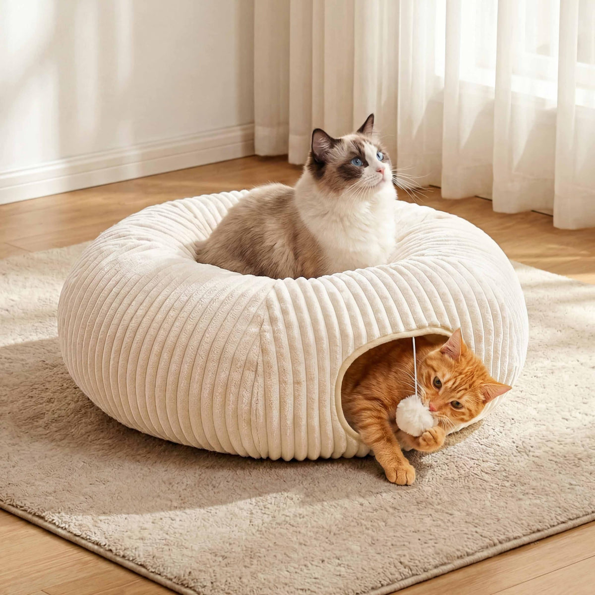 Cat Tunnel Bed with Interactive Toys – Collapsible Round Play Tunnel for Indoor Cats - TailTiddy