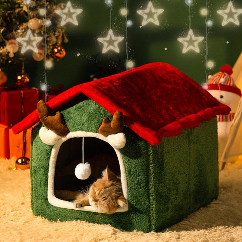 Christmas Reindeer Pet Nest – Winter Warm Enclosed Cat & Dog House - TailTiddy