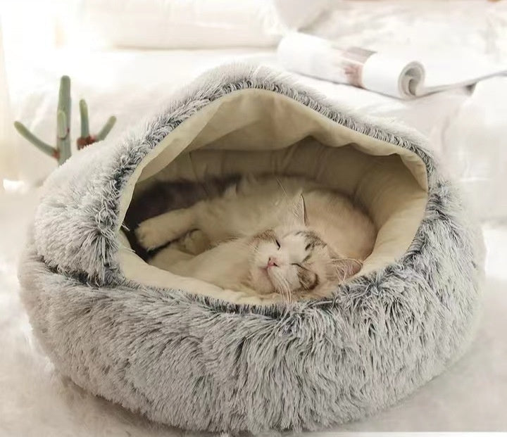 Long-Haired Plush Semi-Enclosed Shell Pet Bed – Windproof Winter Warm Nest for Cats & Small-Medium Dogs - TailTiddy