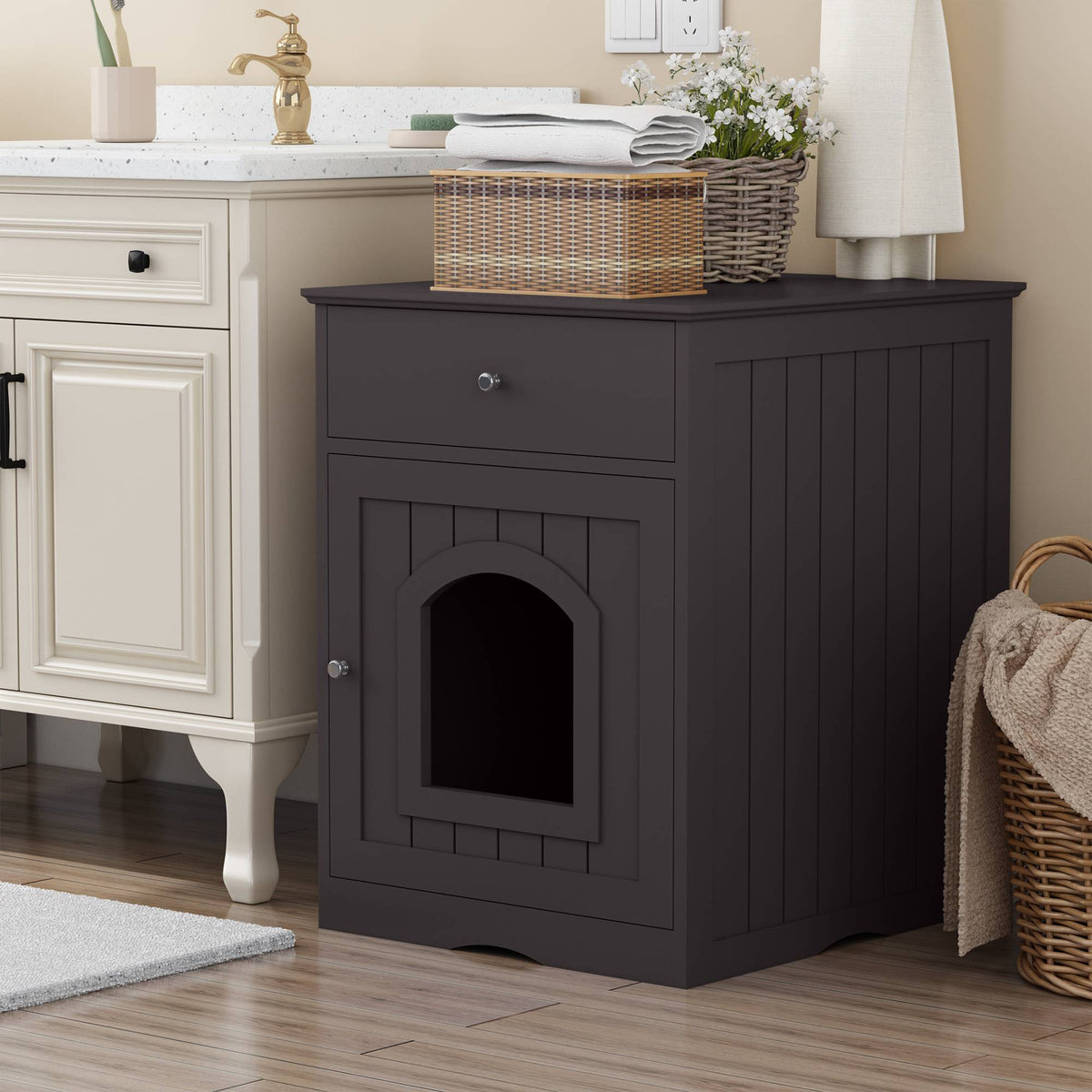 Wooden Pet House Cat Litter Box Enclosure with Drawer & Side Table – Indoor Pet Crate & Nightstand - TailTiddy