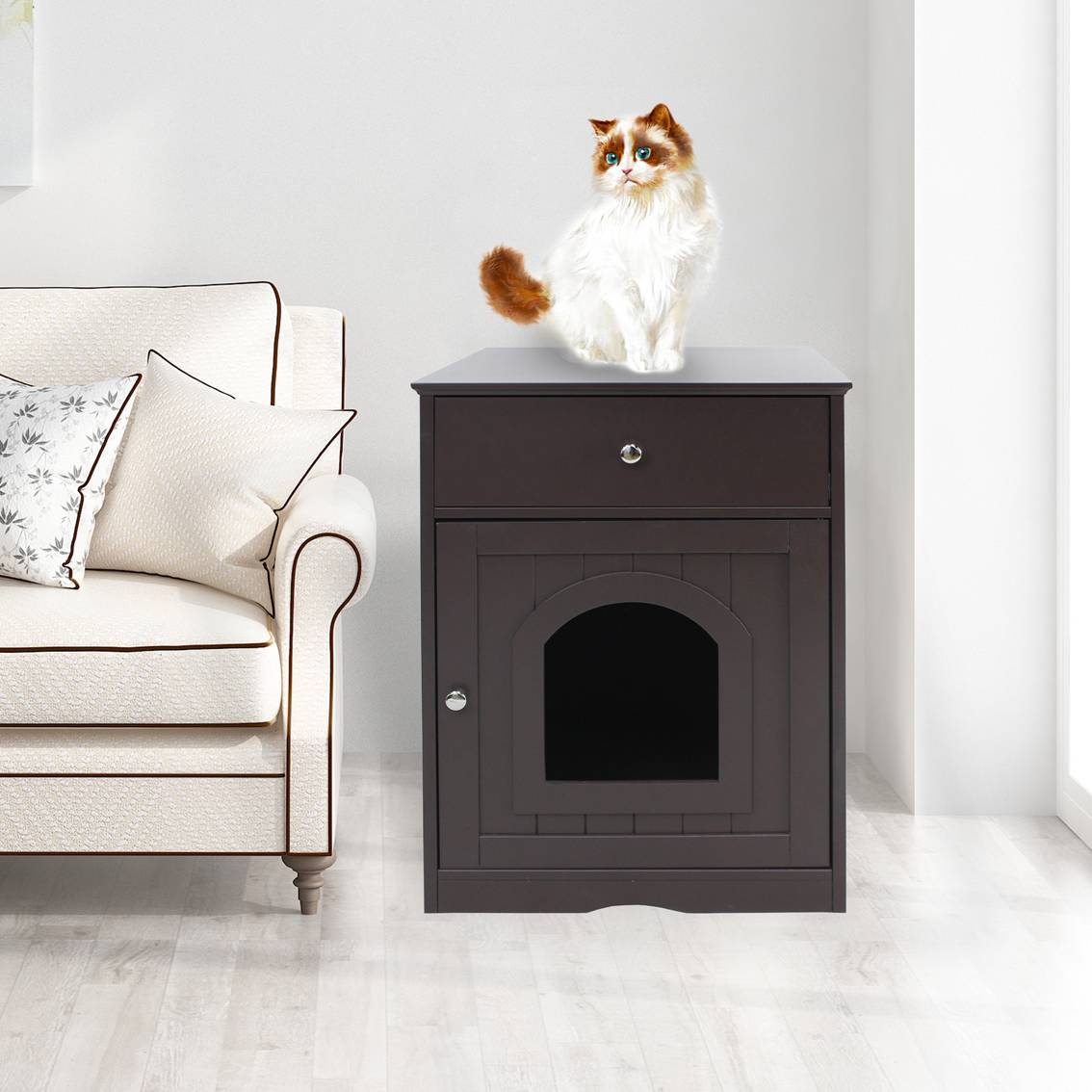 Wooden Pet House Cat Litter Box Enclosure with Drawer & Side Table – Indoor Pet Crate & Nightstand - TailTiddy