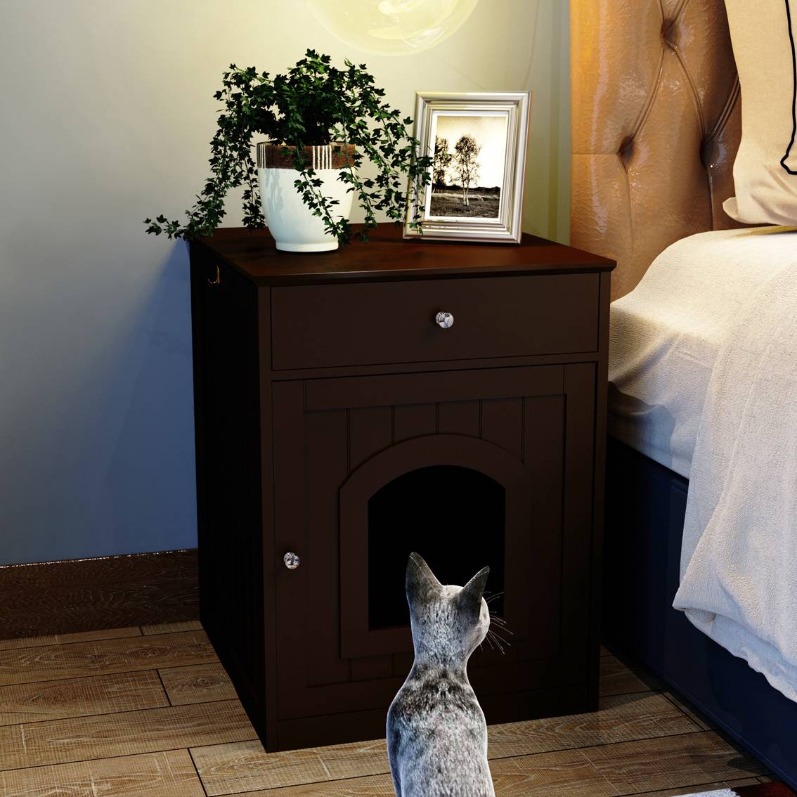 Wooden Pet House Cat Litter Box Enclosure with Drawer & Side Table – Indoor Pet Crate & Nightstand - TailTiddy