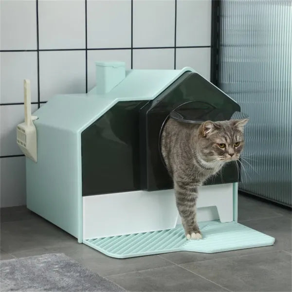 Cat Litter Box – Fully Enclosed House Design with Drawer, Deodorizers, Scoop, and Mat - TailTiddy
