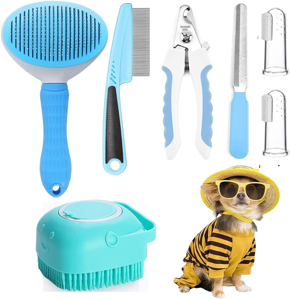 7-Piece Pet Grooming Kit – Self-Cleaning Shedding Brush with Nail Clipper, Flea Comb, Bath Brush & Finger Toothbrushes - TailTiddy