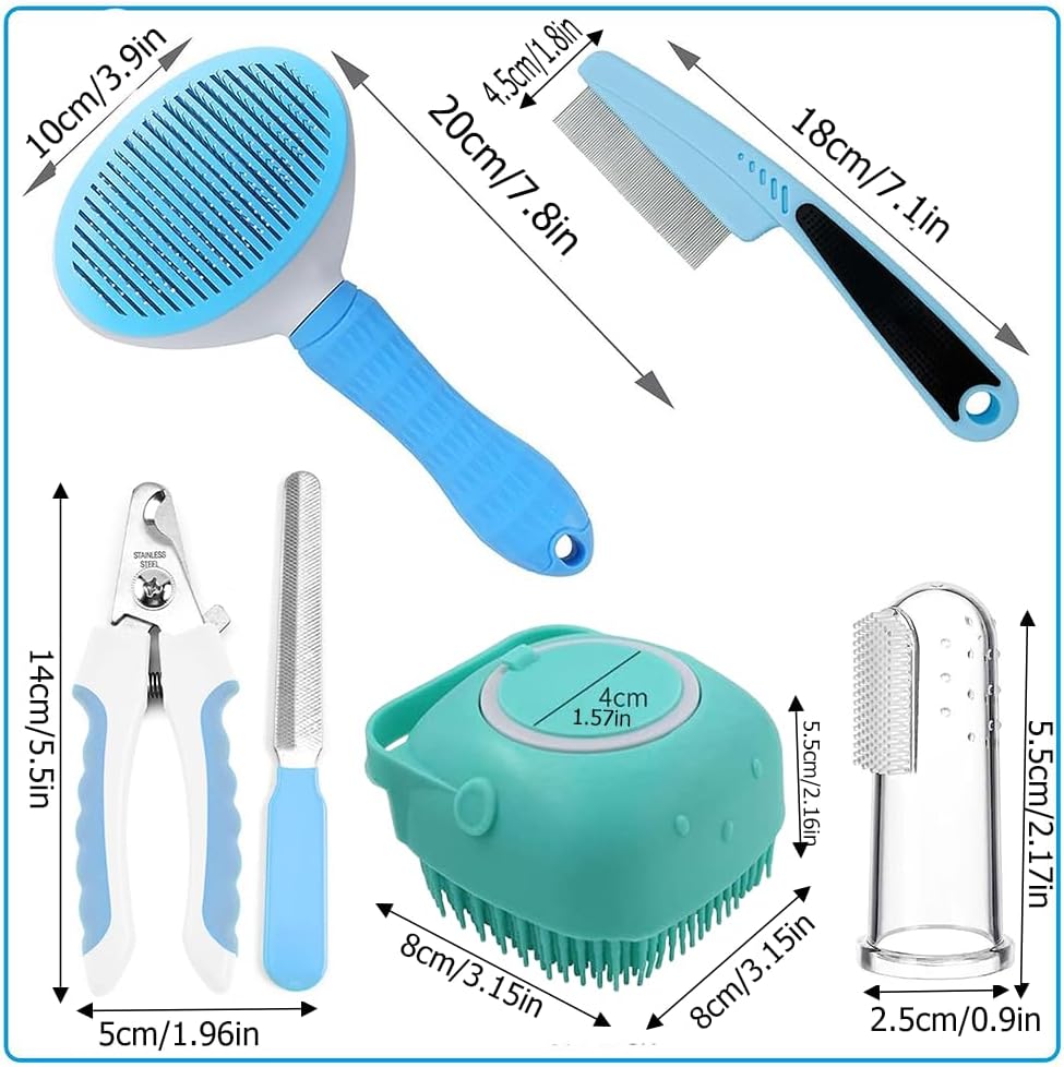 7-Piece Pet Grooming Kit – Self-Cleaning Shedding Brush with Nail Clipper, Flea Comb, Bath Brush & Finger Toothbrushes - TailTiddy