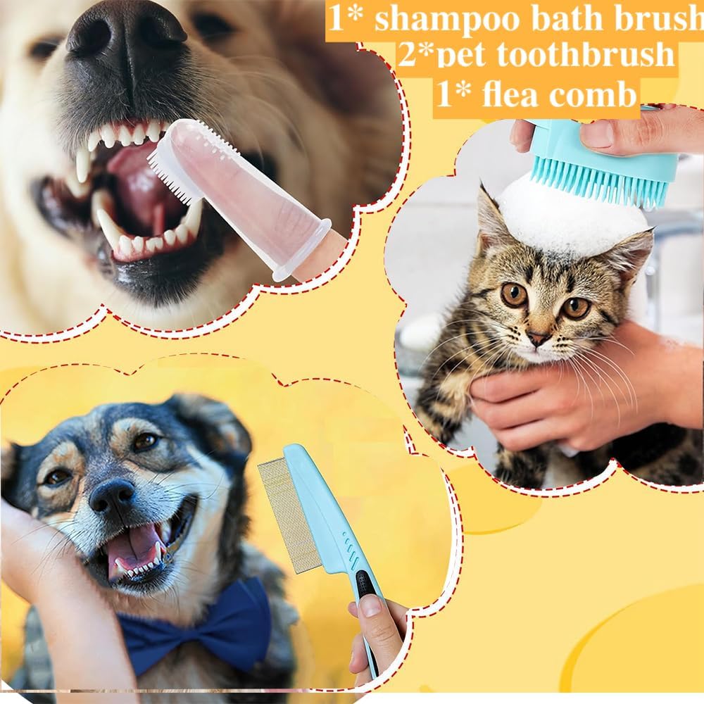 7-Piece Pet Grooming Kit – Self-Cleaning Shedding Brush with Nail Clipper, Flea Comb, Bath Brush & Finger Toothbrushes - TailTiddy