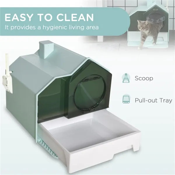 Cat Litter Box – Fully Enclosed House Design with Drawer, Deodorizers, Scoop, and Mat - TailTiddy
