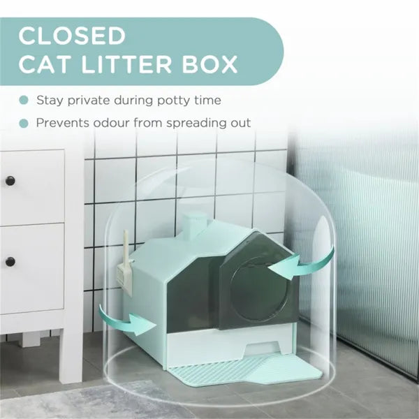 Cat Litter Box – Fully Enclosed House Design with Drawer, Deodorizers, Scoop, and Mat - TailTiddy