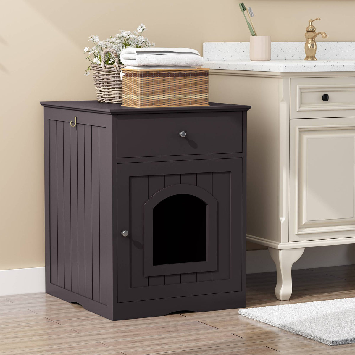 Wooden Pet House Cat Litter Box Enclosure with Drawer & Side Table – Indoor Pet Crate & Nightstand - TailTiddy