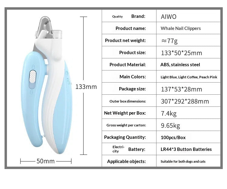 Ai Wo LED Pet Nail Clippers – Illuminated, Safe Grooming Tool for Dogs & Cats (Light Blue) - TailTiddy