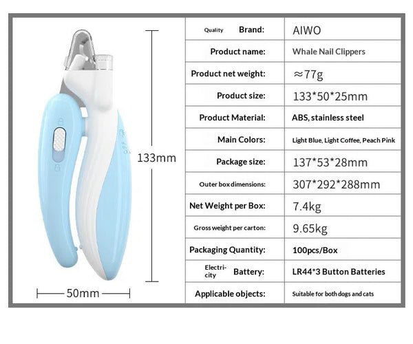 Ai Wo LED Pet Nail Clippers – Illuminated, Safe Grooming Tool for Dogs & Cats (Light Blue) - TailTiddy