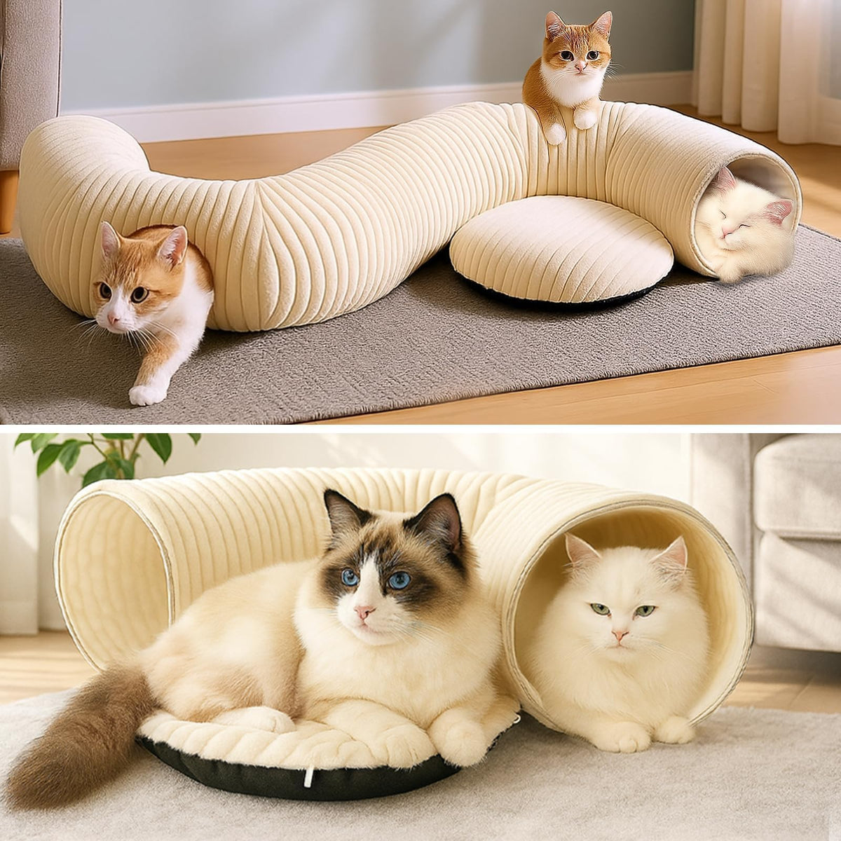 Cat Tunnel Bed with Interactive Toys – Collapsible Round Play Tunnel for Indoor Cats - TailTiddy