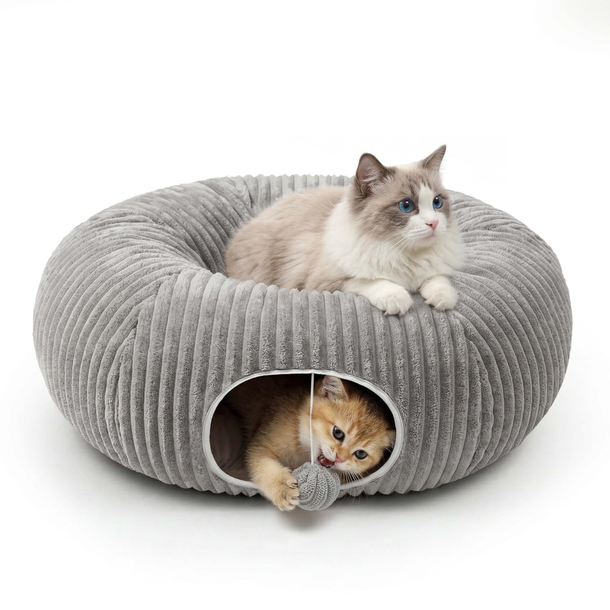 Cat Tunnel Bed with Interactive Toys – Collapsible Round Play Tunnel for Indoor Cats - TailTiddy