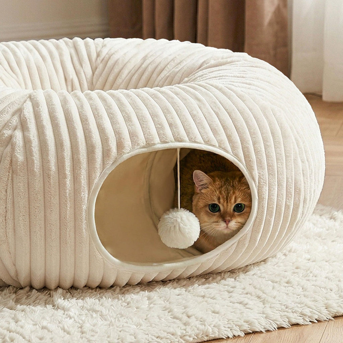 Cat Tunnel Bed with Interactive Toys – Collapsible Round Play Tunnel for Indoor Cats - TailTiddy
