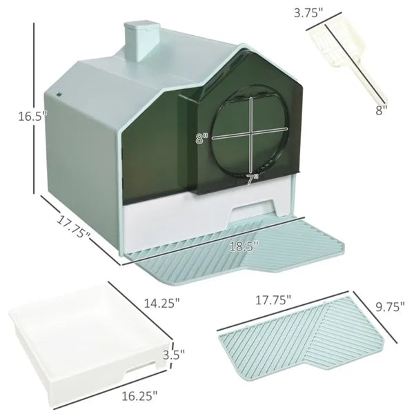 Cat Litter Box – Fully Enclosed House Design with Drawer, Deodorizers, Scoop, and Mat - TailTiddy