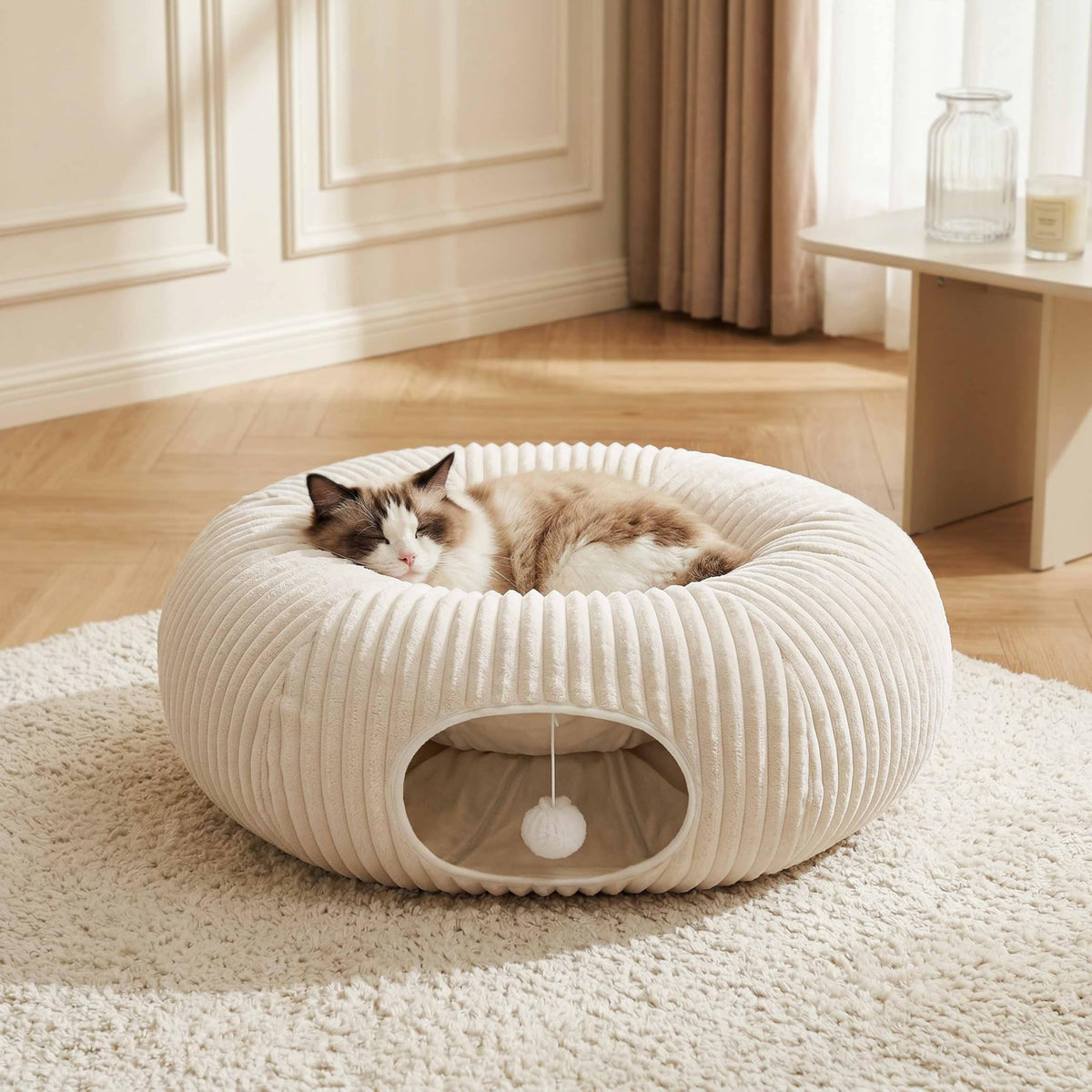 Cat Tunnel Bed with Interactive Toys – Collapsible Round Play Tunnel for Indoor Cats - TailTiddy