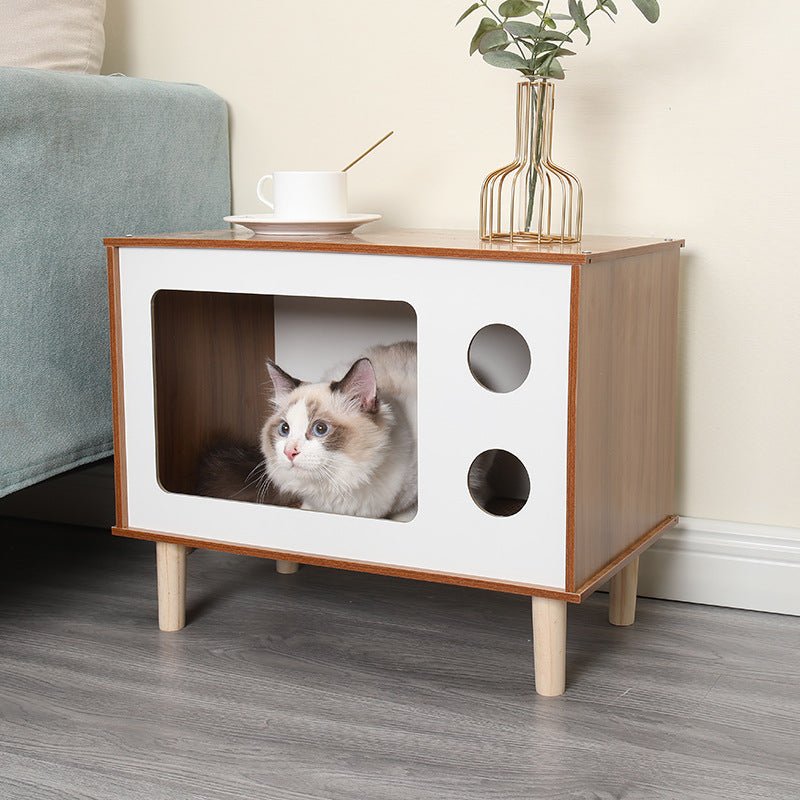 Creative Modeling Pet Wooden Nest – Solid Wood Cat Bed & Bedside Table - TailTiddy