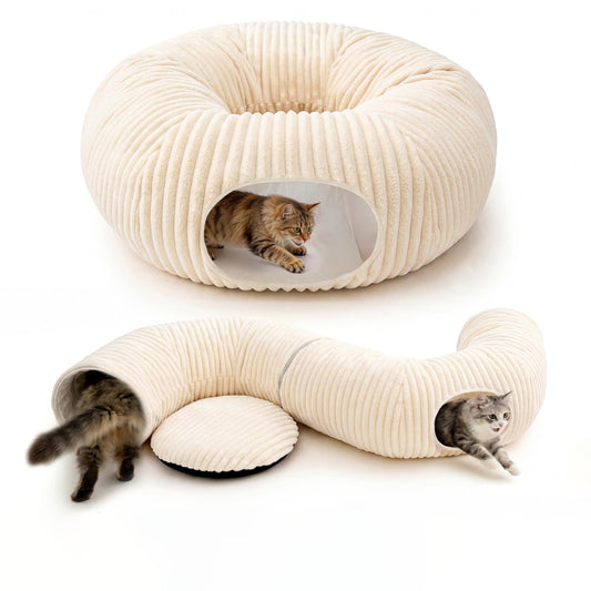 Cat Tunnel Bed with Interactive Toys – Collapsible Round Play Tunnel for Indoor Cats - TailTiddy