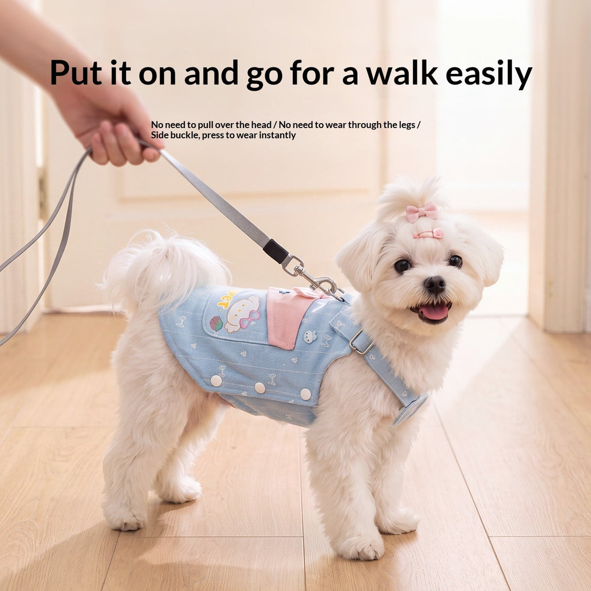 Dog Jacquard-Patterned Harness Vest – Denim Suspender Dress with Built-In Leash Ring - TailTiddy