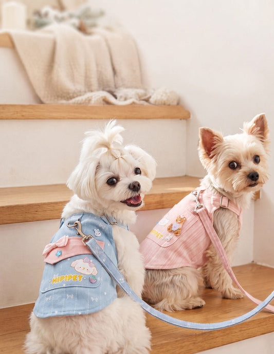 Dog Jacquard-Patterned Harness Vest – Denim Suspender Dress with Built-In Leash Ring - TailTiddy