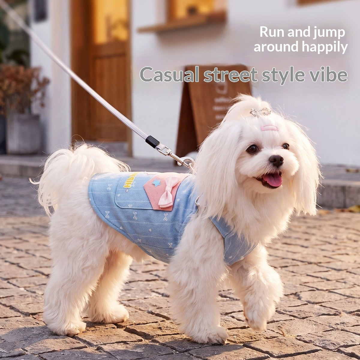 Dog Jacquard-Patterned Harness Vest – Denim Suspender Dress with Built-In Leash Ring - TailTiddy