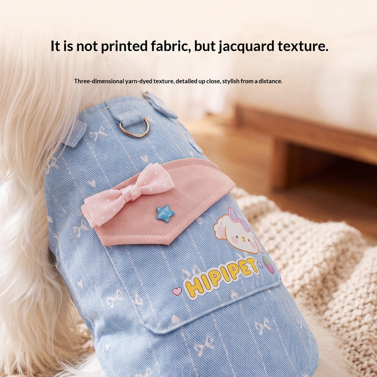 Dog Jacquard-Patterned Harness Vest – Denim Suspender Dress with Built-In Leash Ring - TailTiddy