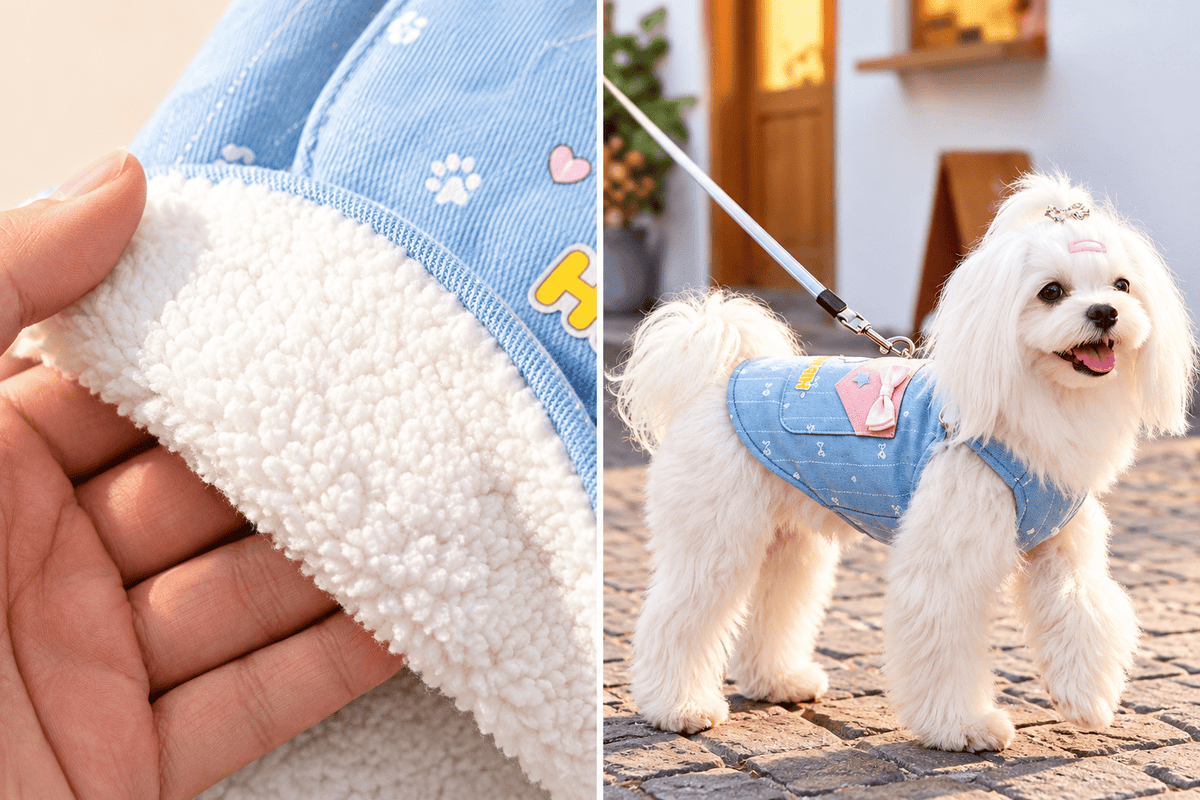 Dog Jacquard-Patterned Harness Vest – Denim Suspender Dress with Built-In Leash Ring - TailTiddy