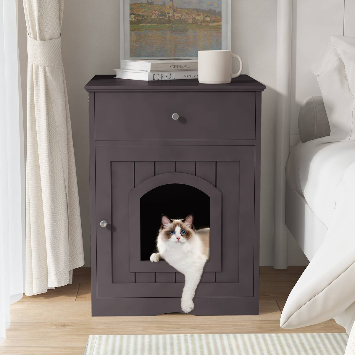 Wooden Pet House Cat Litter Box Enclosure with Drawer & Side Table – Indoor Pet Crate & Nightstand - TailTiddy