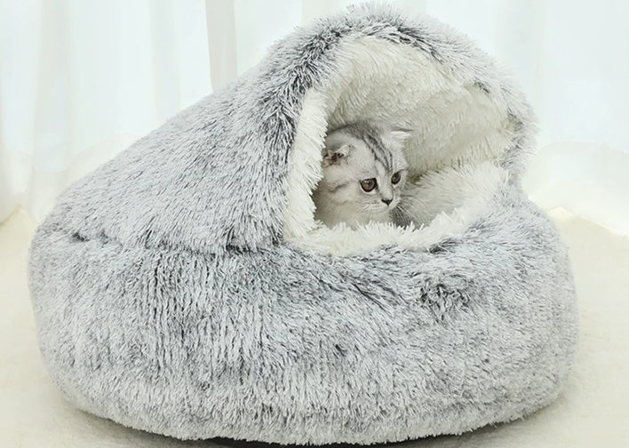 Long-Haired Plush Semi-Enclosed Shell Pet Bed – Windproof Winter Warm Nest for Cats & Small-Medium Dogs - TailTiddy