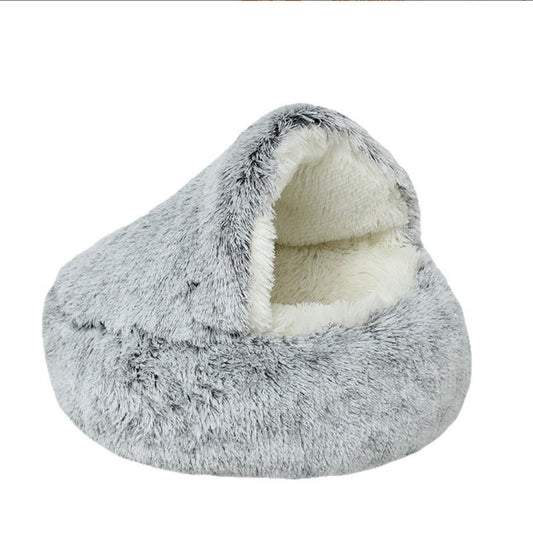 Long-Haired Plush Semi-Enclosed Shell Pet Bed – Windproof Winter Warm Nest for Cats & Small-Medium Dogs - TailTiddy